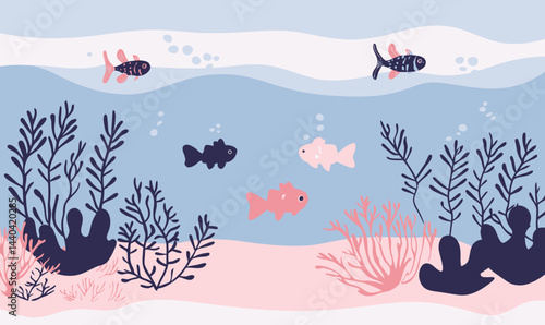 Colorful Underwater Marine Life with Coral Reef and Fish in Minimalist Vector Art
