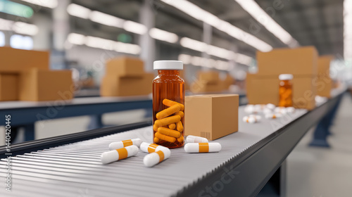 Brown pill bottle with orange and white capsules conveyor belt warehouse, surrounded by cardboard boxes, symbolizing pharmaceutical production