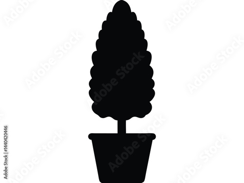 Potted plant with cypress tree silhouette, Cypress tree silhouette potted. vector illustration