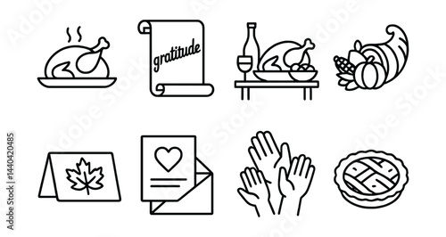 Thanksgiving celebration icons set – turkey, gratitude, feast, cornucopia, greeting, pie, hands