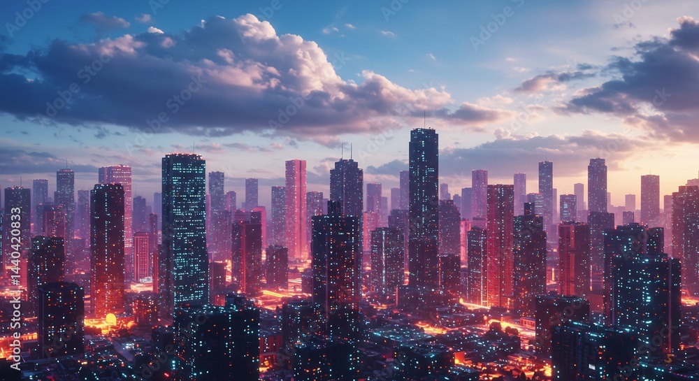 Fototapeta premium Futuristic City Skyline at Sunset