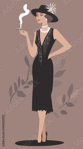 Elegant 1920s Flapper Woman Smoking Cigarette in Vintage Style Art Deco Vector Illustration