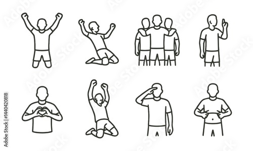 Soccer celebration icons set – cheering, team, victory, heart, salute, goal, excitement, gesture, triumph