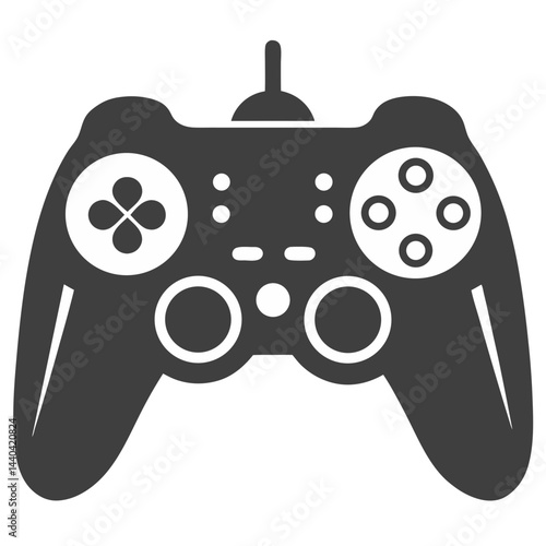Black and White Vector Illustration of a Classic Video Game Controller or Gamepad with Directional Pad, Action Buttons, Shoulder Triggers, and Central Control Elements