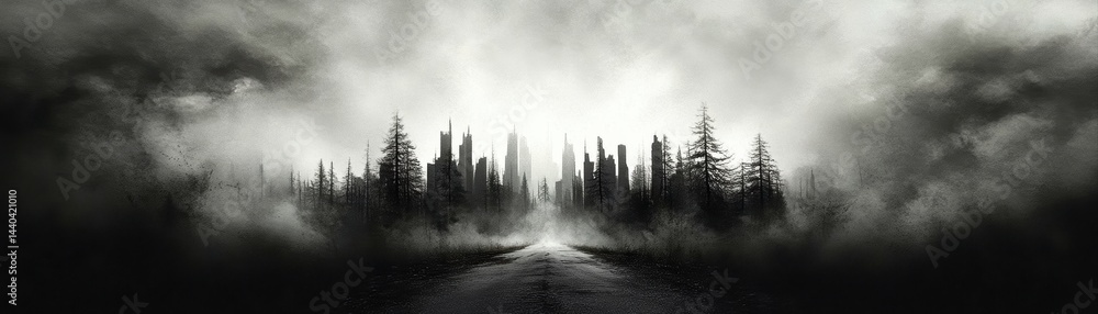 Obraz premium A haunting road leads through dense fog to shadowy silhouettes of skyscrapers and trees, creating a mysterious atmosphere, Ideal for themes related to horror, mystery, or urban exploration,
