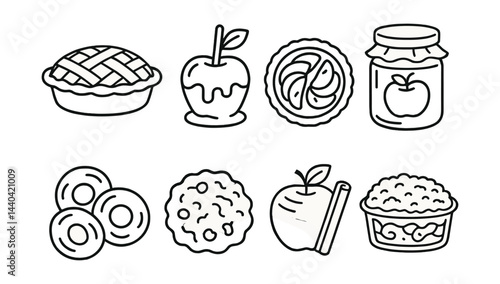 Autumn dessert icons set – pie, candy apple, tart, jam, donuts, cookies, apple, cobbler