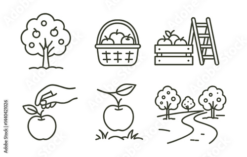 Apple harvest icons set – tree, basket, crate, ladder, hand, road, orchard