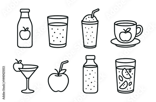 Apple beverage icons set – juice, smoothie, tea, cocktail, fruit, glass, drink, fresh, bottle, cup