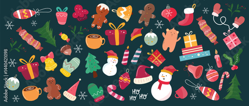 Christmas decorative with funny Santa Claus, tree, and gift boxes and many others for merry christmas event