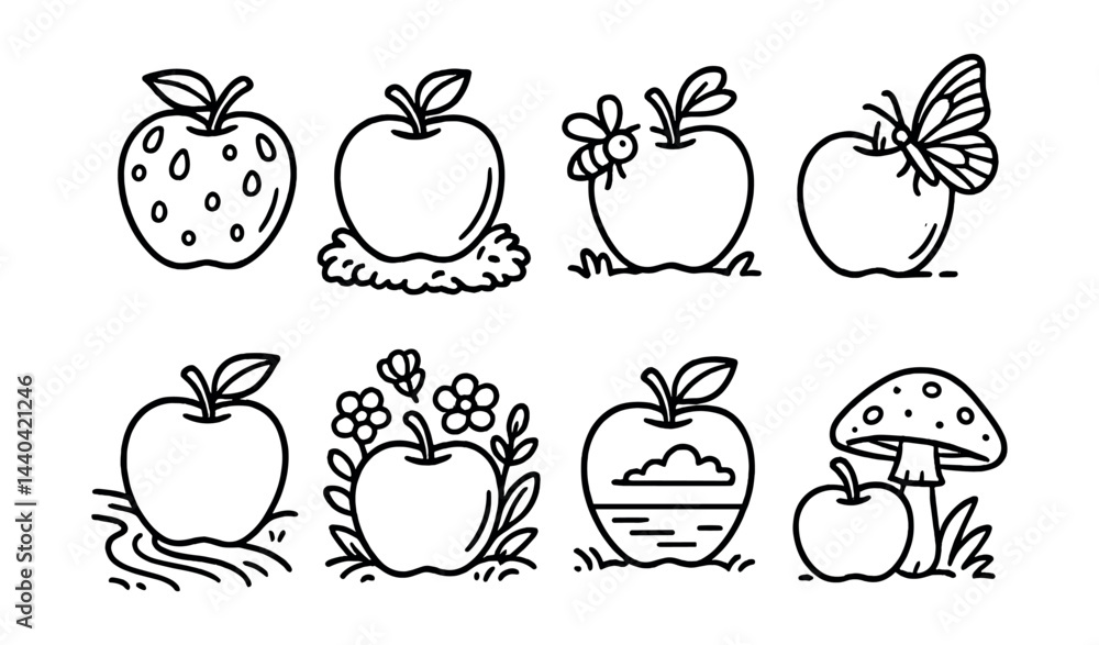 Nature and apple-themed icons set – apple, strawberry, butterfly, mushrooms, flowers, nature Nature and apple-themed icons set – apple, strawberry, butterfly, mushrooms, flowers, nature