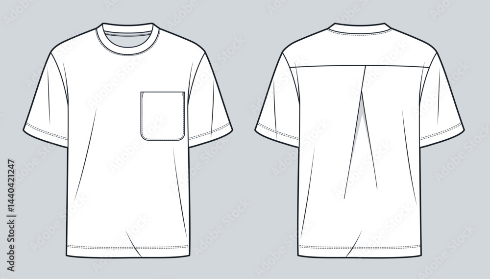 Naklejka premium Blank White T-Shirt Template with Pocket - Front and Back Flat Sketch. Unisex Tee Shirt technical fashion illustration, relaxed fit, women, men, unisex CAD mockup.