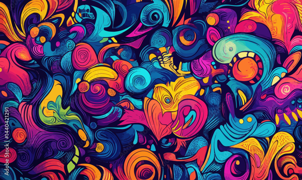Fototapeta premium Vivid Dreamscape Abstract Colorful Doodle Art Seamless Vector Pattern Minimalist Design