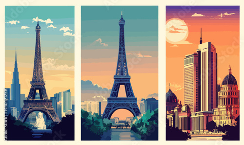 Retro Travel Destination Posters: Paris, New York, Tokyo Vintage Minimalist Vector Art