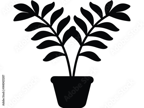 Potted plant with zz plant silhouette, ZZ plant in potted icon silhouette vector illustration