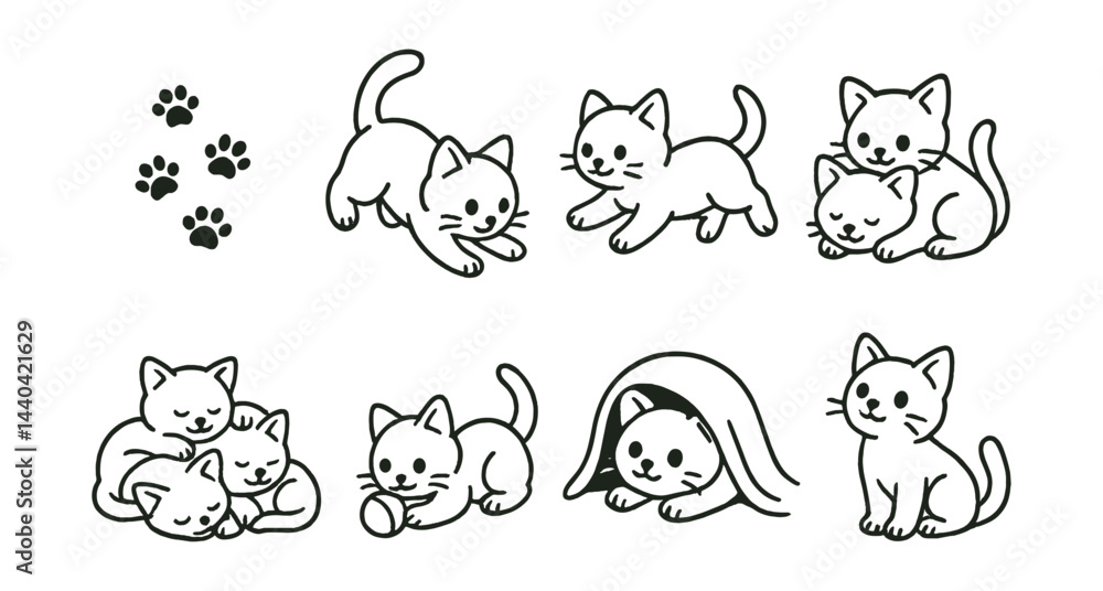 Adorable cat icons set – playful, sleeping, pawprints, cozy, kitten, blanket Adorable cat icons set – playful, sleeping, pawprints, cozy, kitten, blanket