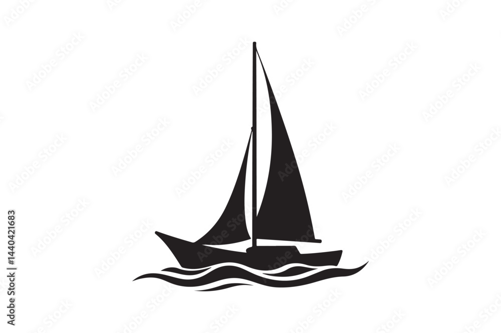 Fototapeta premium Sailboat Silhouette on Waves Nautical Ocean Sea Sailing Vector Art