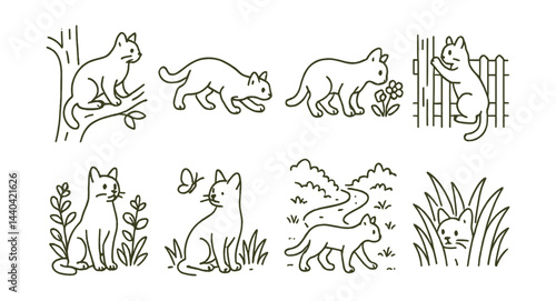 Cat activity icons set – climbing, walking, sniffing, exploring, watching, playing