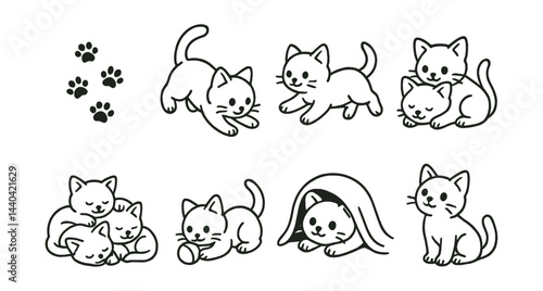 Adorable cat icons set – playful, sleeping, pawprints, cozy, kitten, blanket