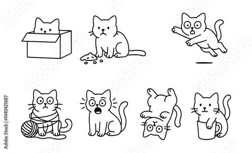 Cute cat icons set – box, food, jumping, yarn, surprised, upside-down, mug