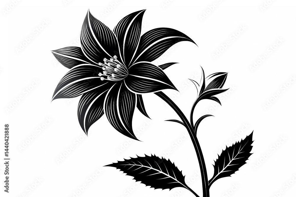 Elegant Black and White Floral Illustration A Striking Line Art Design Featuring a Blooming Flower and Bud, Perfect for Print or Digital Use Elegant Black and White Floral Illustration A Striking Line Art Design Featuring a Blooming Flower and Bud, Perfect for Print or Digital Use