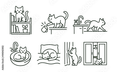 Cat behavior icons set – playful, curious, sleeping, exploring, mischievous