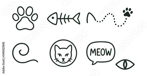 Cat lover icons set – paw, fishbone, toy, cat face, meow, eye