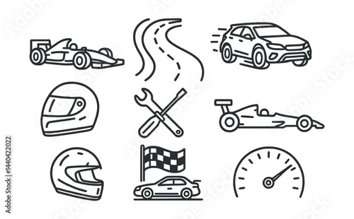 Racing icons set – formula, track, helmet, wrench, speedometer, flag, car