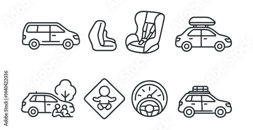 Family car safety icons set – suv, car seat, baby, road sign, speedometer