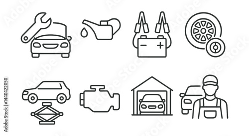Automotive maintenance icons set – wrench, oil, battery, tire, car lift, engine, mechanic
