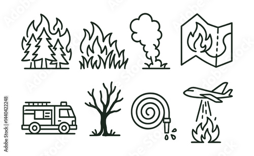 Fire safety icons set – forest fire, flames, smoke, map, fire truck, tree, hose, water, airplane