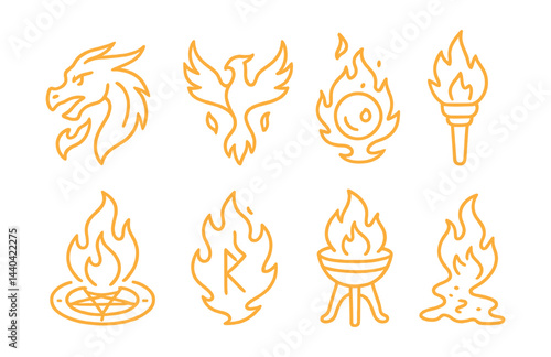 Fire-themed icons set – dragon, phoenix, flame, torch, symbols, grill