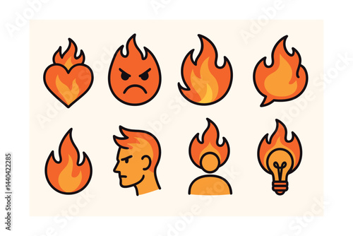 Flame and passion icons set – heart, anger, fire, personality, creativity