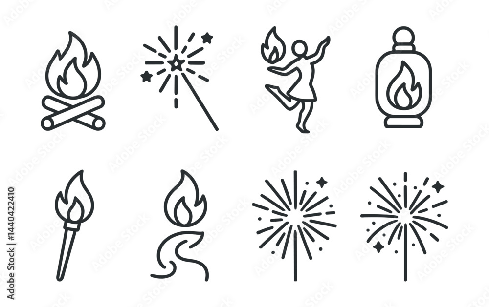 Fototapeta premium Bonfire celebration icons set – campfire, sparkler, dancing, flame, torch, fireworks