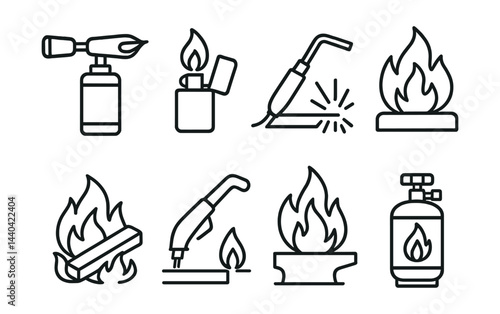 Set of fire and welding icons – torch, lighter, welding, flame, burner, gas, heat elements