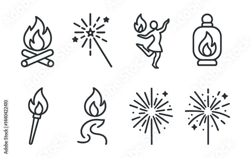 Bonfire celebration icons set – campfire, sparkler, dancing, flame, torch, fireworks
