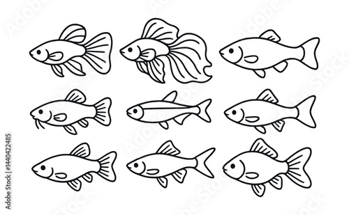 Aquarium fish line art icons set – betta, guppy, goldfish, tetra, catfish