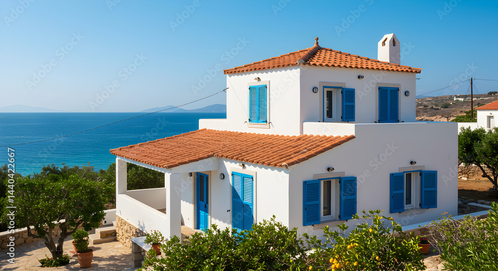 Fototapeta premium Picturesque Seaside Villa With Blue Shutters And Tiled Roof