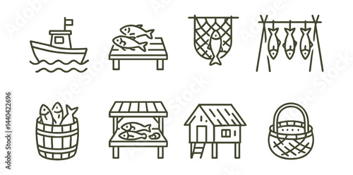 Fishing and fish market icons set – boat, fish, net, barrel, basket, house, drying, pier, stand