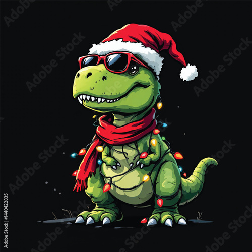 T-Rex Christmas Santa Hat Lights Dinosaur vector illustration