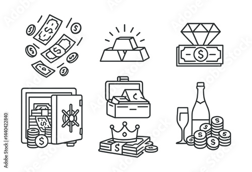 Finance and wealth icons set – currency, gold, diamond, vault, cash, crown, champagne