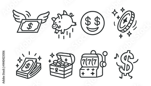 Financial icons set – money, savings, coin, dollar, wealth, cash, treasure, slot, jackpot