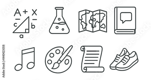 Educational icons set – geometry, chemistry, map, book, music, art, document, shoes