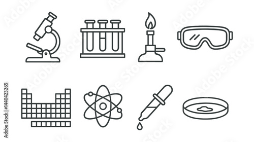 Science laboratory icons set – microscope, test tubes, bunsen burner, goggles, atom, pipette, petri dish