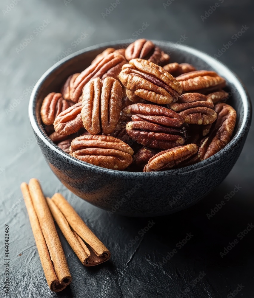 Fototapeta premium Deliciously roasted pecans in a dark bowl with cinnamon sticks on a textured black background showcasing a healthy snack and culinary ingredient