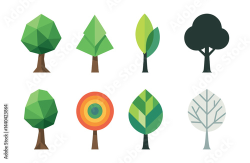 Geometric tree icons set – nature, greenery, polygonal, forest, eco-friendly, minimalist