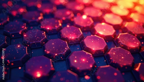 Intricate tessellation of hexagons, vibrant hues, abstract, geometric pattern, art