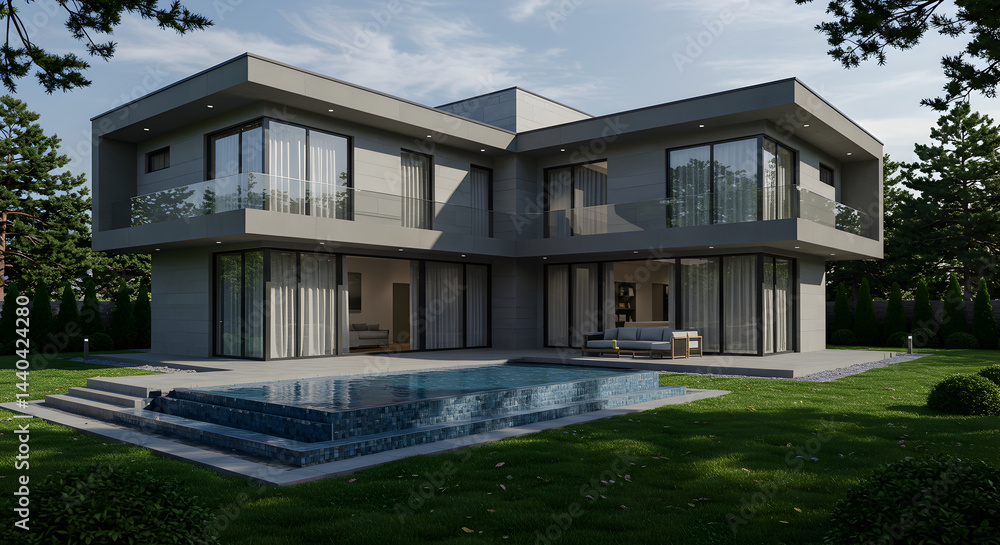 Fototapeta premium Modern Luxury Home With Swimming Pool and Beautiful Garden Scenery