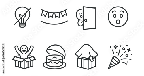 Celebration and surprise icons set – lightbulb, banner, peek, surprise, joy, gift, cake, confetti