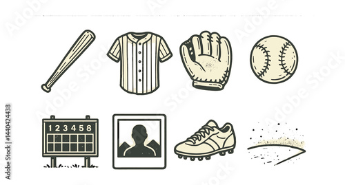 Baseball icons set – bat, jersey, glove, ball, scoreboard, player, cleat, dust