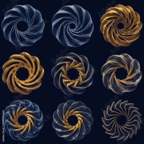 Abstract Swirling Gold and Blue 3D Geometric Shapes: A Collection of Intricate Designs